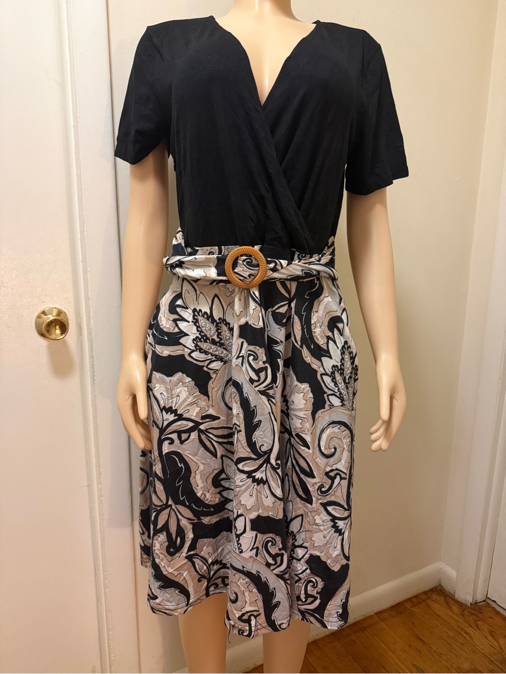 Black and Cream Floral Midi Dress with Wrap Bodice and Buckle Belt